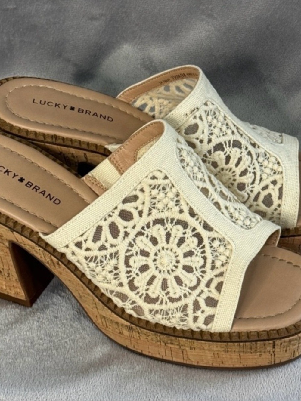 Lucky Brand Cream Crochet Cork Block Heel Mules